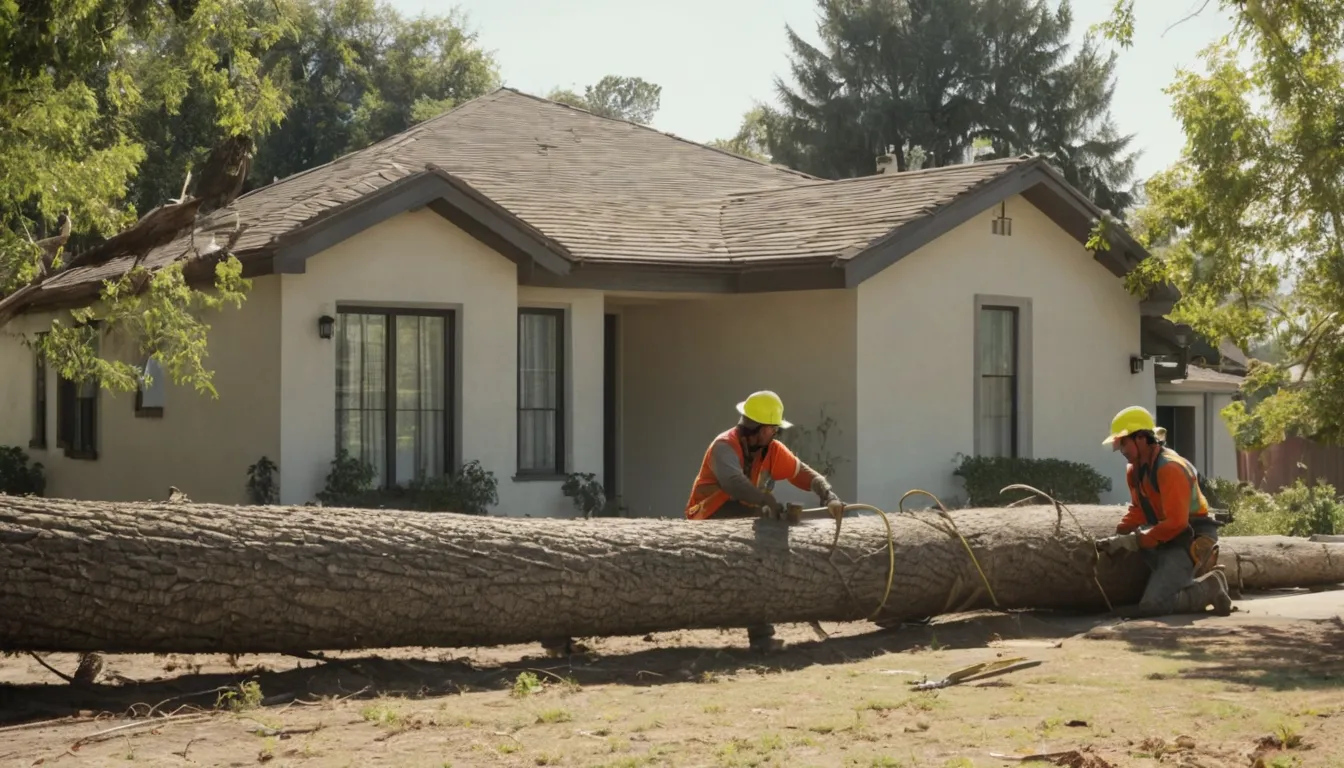 A tree removal provider cutting a large fallen limb in a residential yard near Rocklin