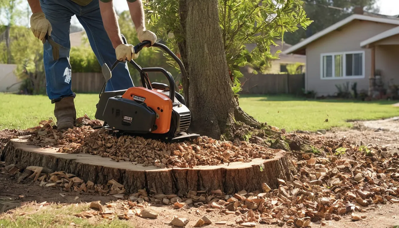 Stump grinder cutting down an old tree stump in a residential backyard near Rocklin