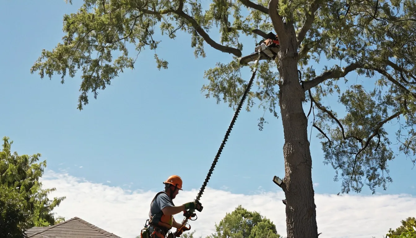 Tree removal provider cutting down a large tree in a residential yard near Rocklin